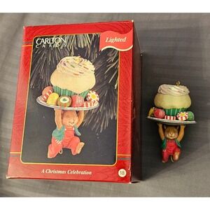 Carlton Cards Heirloom Mouse with Cupcake Lighted Christmas Ornament 1990s Boxed